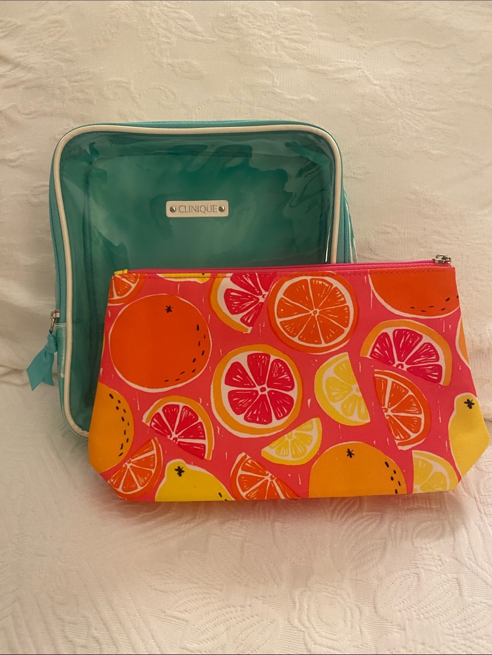 Clinique Teal Clear Cosmetic Case with Bright Pink Citrus Pouch